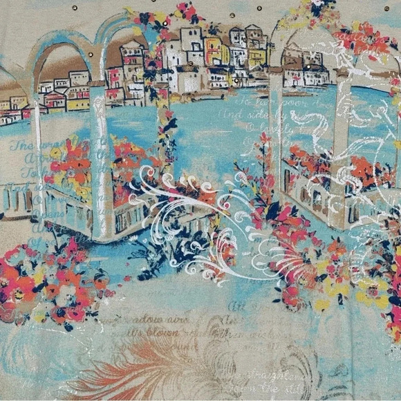 IB Diffusion 2X Shirt Top Yellow Floral Landscape Short Sleeve Scoop Neck Cotton - Picture 2 of 7